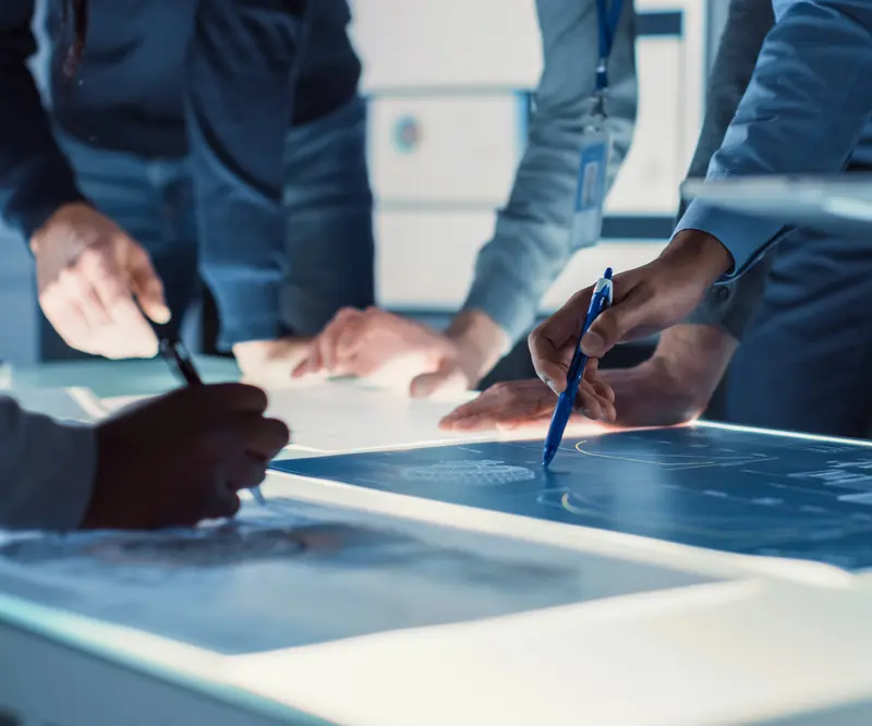 A team marking up a technical drawing
