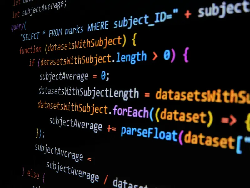 JavaScript code on screen, with syntax highlighting
