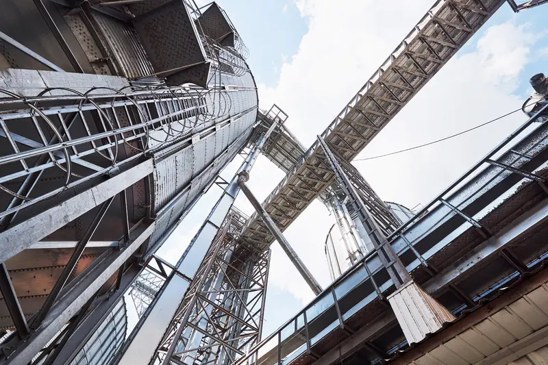 An industrial conveyor structure seen from below
